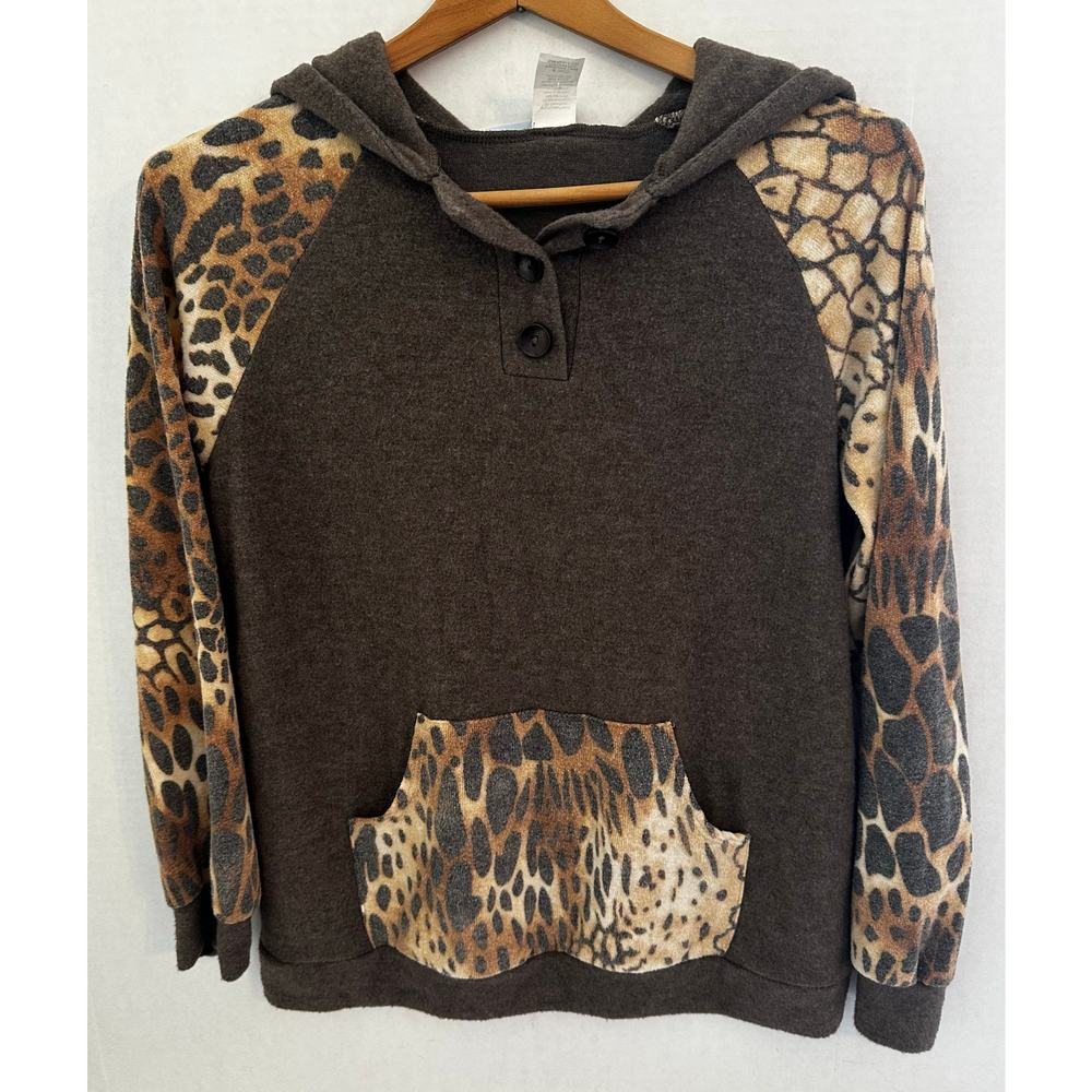 7th Ray‎ Long sleeve leopard print hoodie Brown Size S